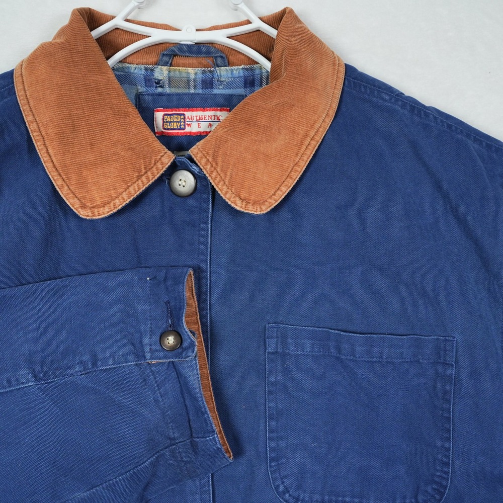 VTG Faded Glory Blue Chore Coat Barn Jacket Corduroy Collar‎ Lined 1X Distressed